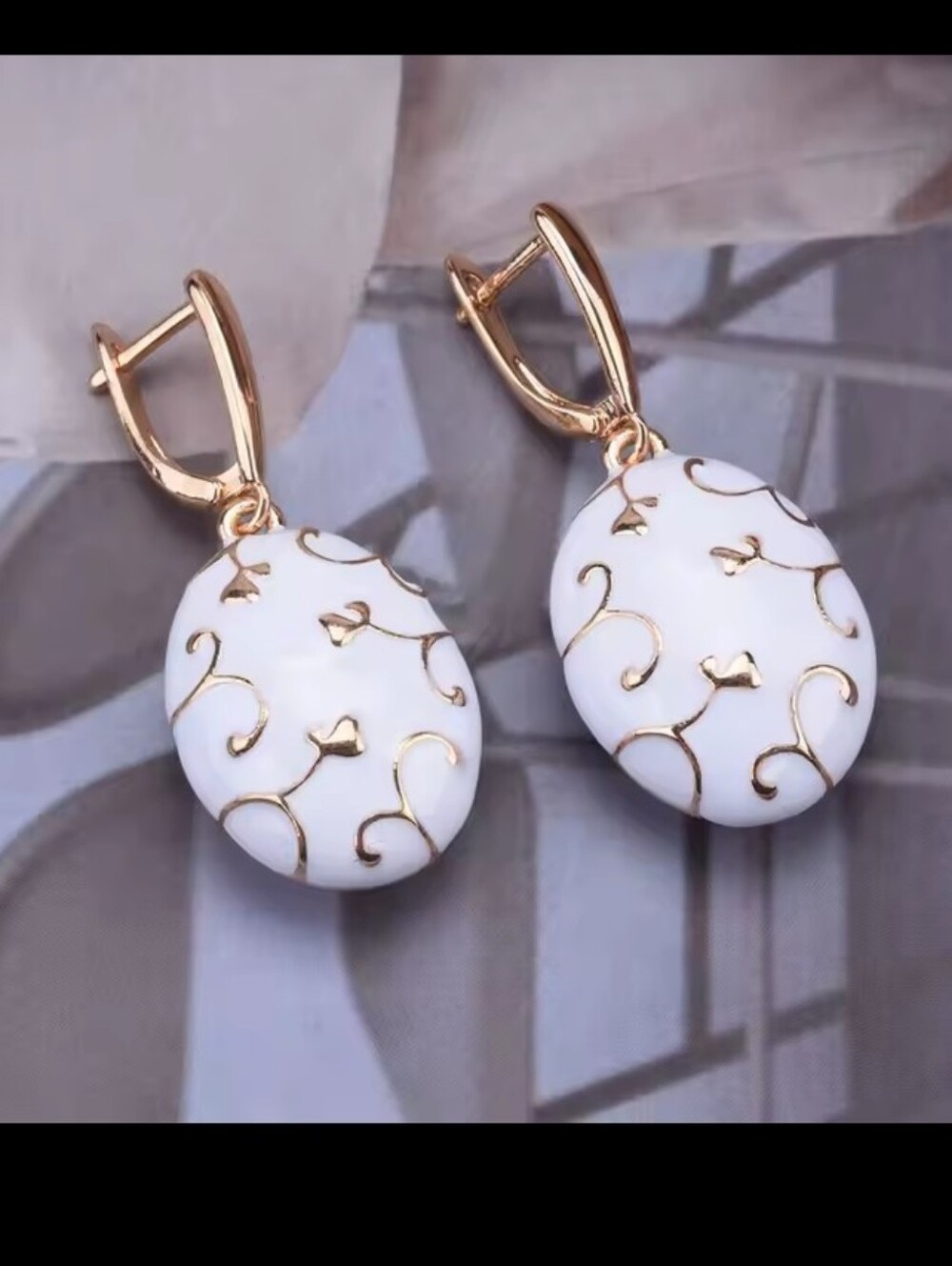 White Enamel Drop Earrings with Gold Accents - Women Jewelry G33